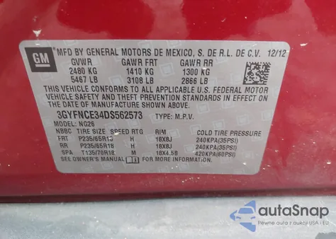 2013 Cadillac Srx Luxury Collection z USA, uszkodzony, nr VIN 3GYFNCE34DS562573